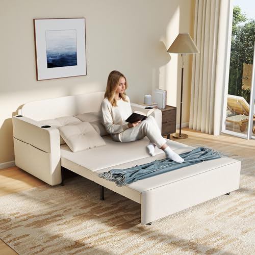56 Inch Convertible Sleeper Sofa Bed with Cup Holders, Grey I2809