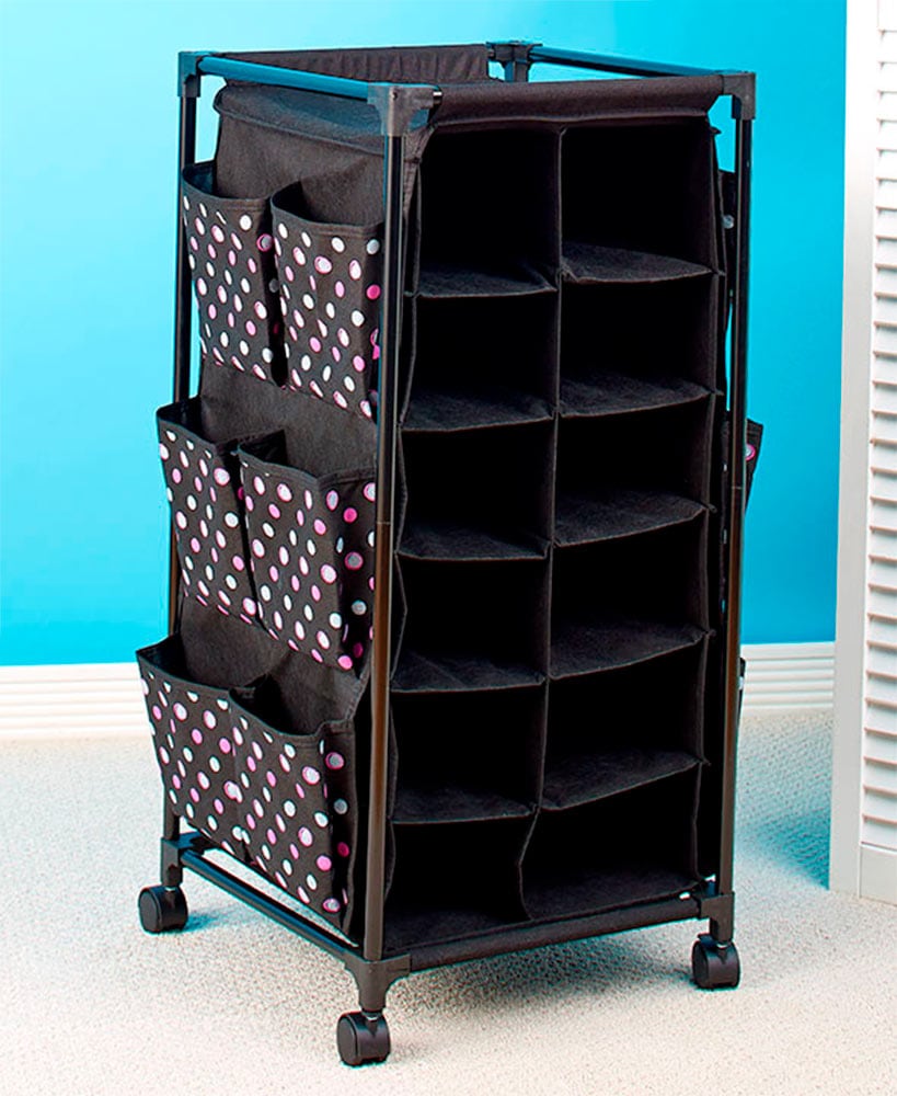 Rolling Shoe Storage Unit with Fabric Cubbies D175