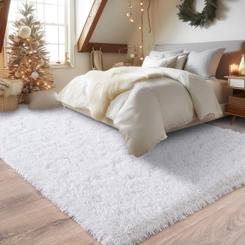 White 4x6 Feet Shaggy Area Rug V2964