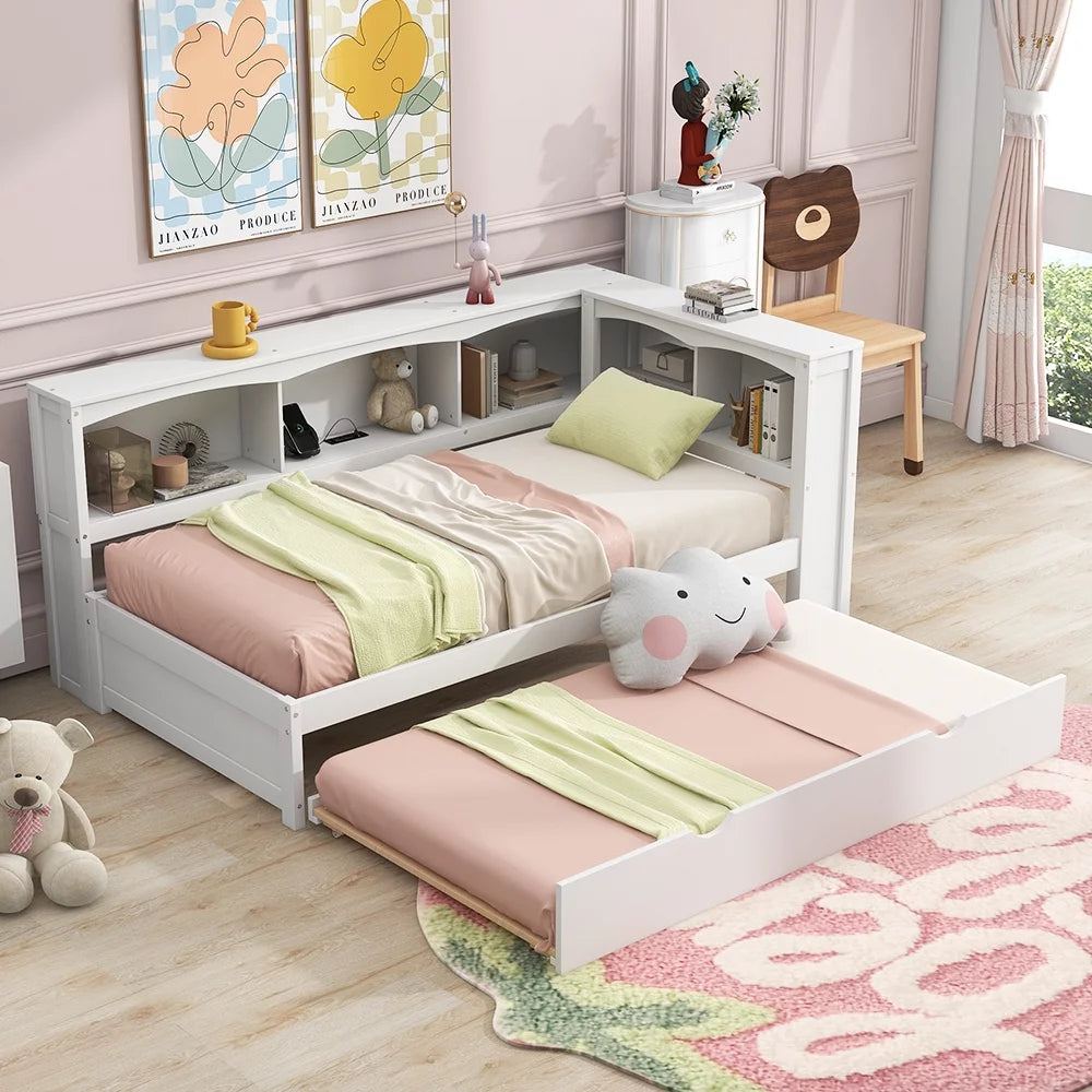 Twin over Twin Size Wood Daybed with Trundle and Storage Cabinets (White) B697879