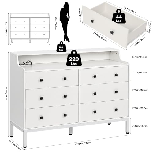 6 Drawer White Wood Dresser with Charging Station Y69934