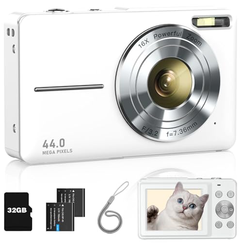 FHD 1080P Point and Shoot Kids Camera with 32GB Card, 2 Batteries, 16X Zoom Anti Shake Date Stamp, Pink G120