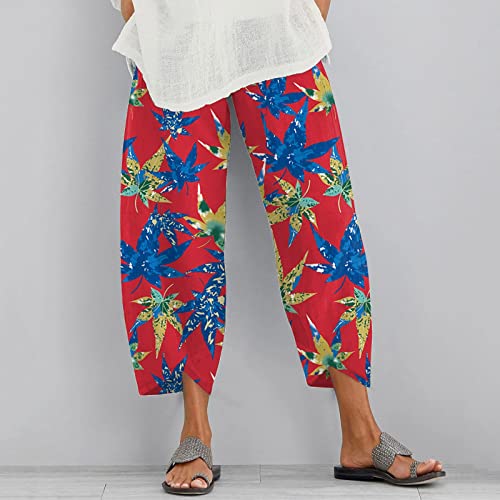 Women Capri Pants Straight Leg Baggy Palazzo Cropped Pants Elastic Waist N683312