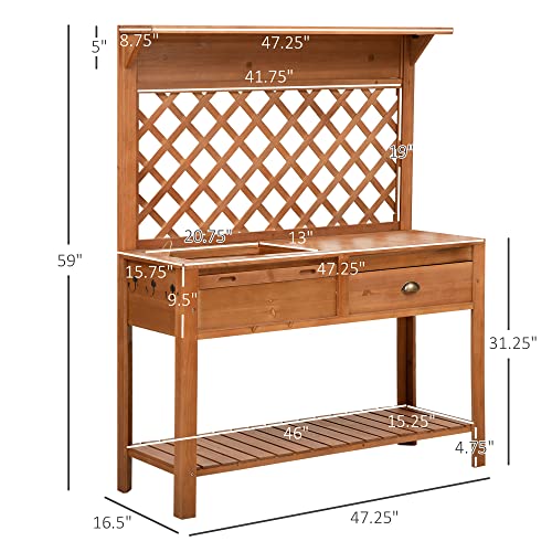 Outsunny Garden Potting Bench, Outdoor Wooden Workstation Table with Metal Screen, Drawer, Hooks, Storage Shelf, and Lattice Back E2159