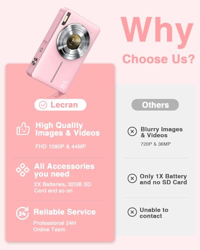 FHD 1080P Point and Shoot Kids Camera with 32GB Card, 2 Batteries, 16X Zoom Anti Shake Date Stamp, Pink G120