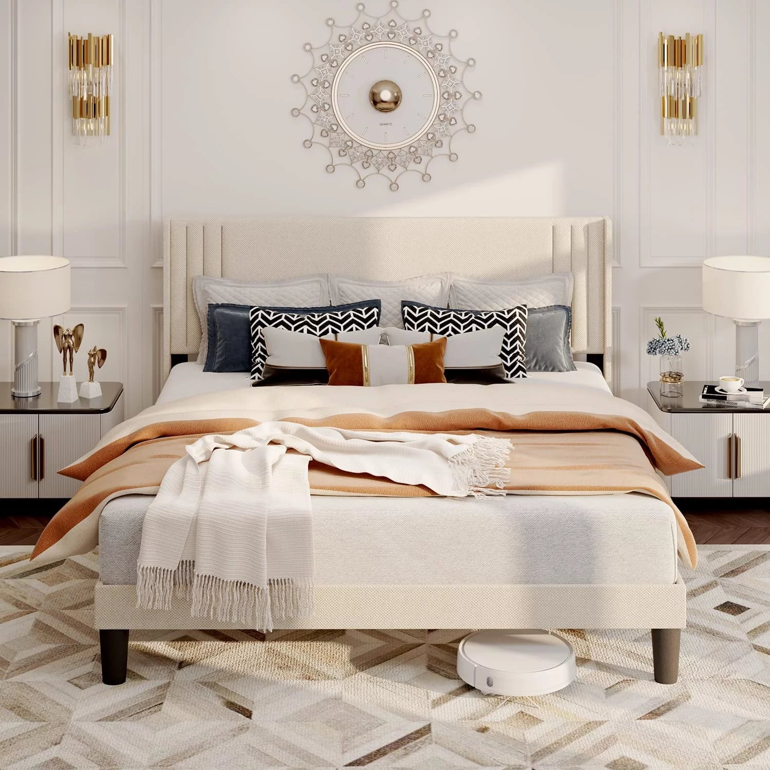 Queen Bed Frame with Wing Back Upholstered Headboard Beige Z440369