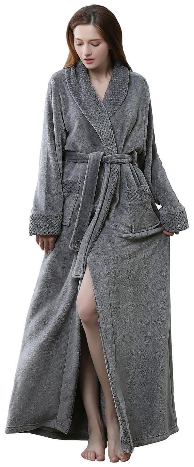 Grey Long Fluffy Fleece Bath Robe with Front Pocket and Adjustable Belt Q329