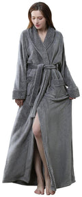 Grey Long Fluffy Fleece Bath Robe with Front Pocket and Adjustable Belt Q329