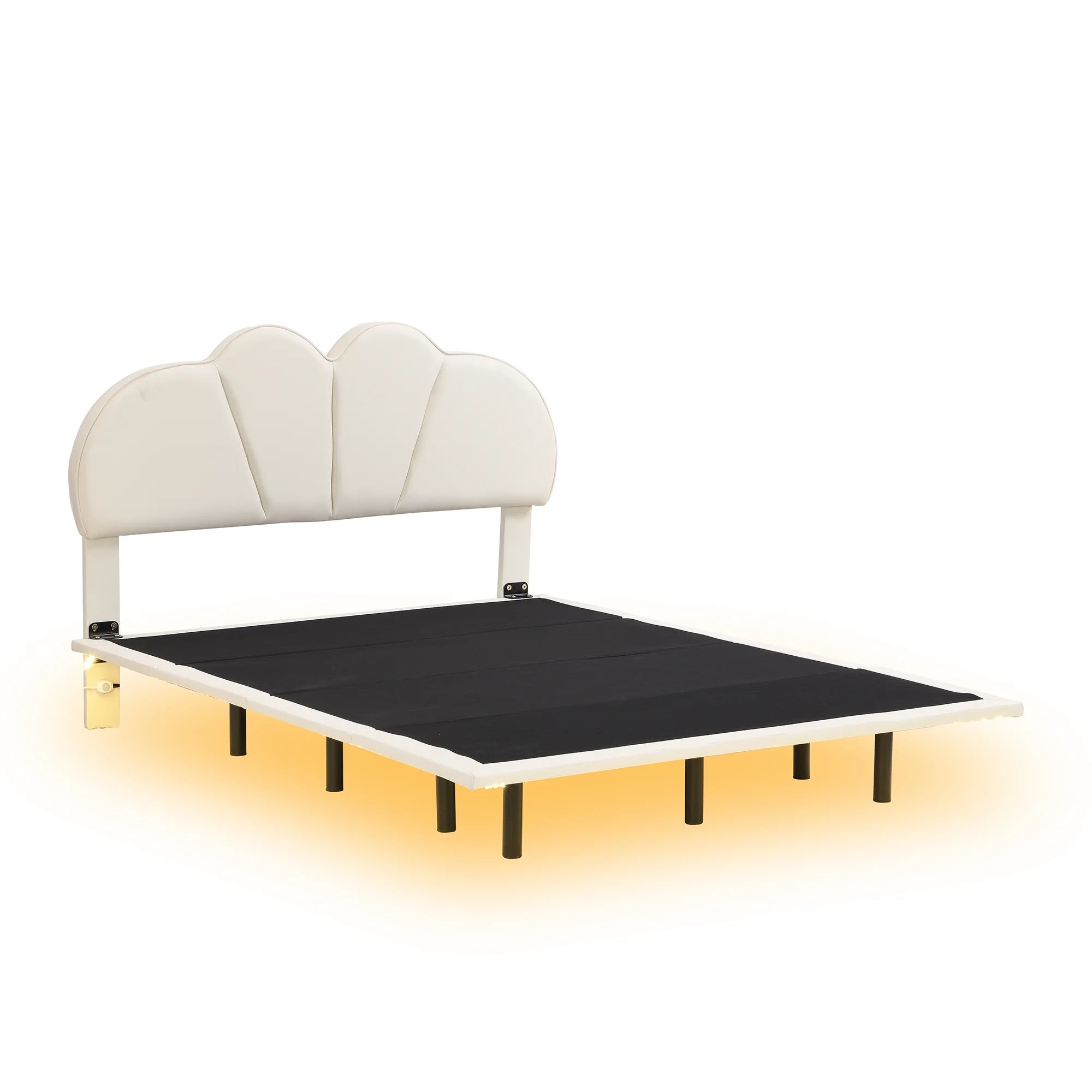 Beige Full Size Upholstered Platform Bed with LED Lights Y90169