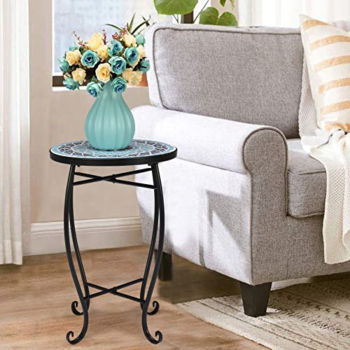 14 Inch Blue Mosaic Round Side Table H955535