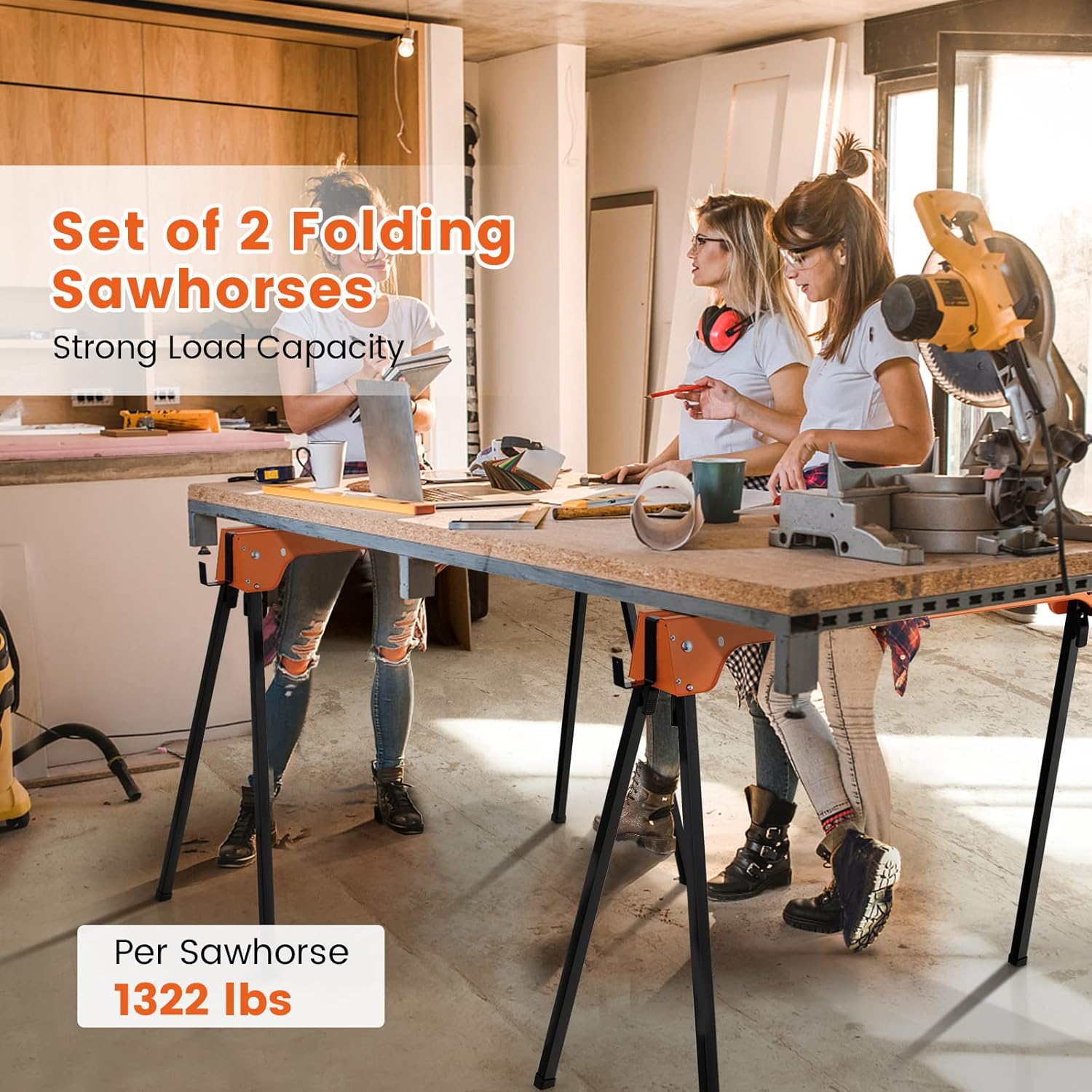 2 Pack Heavy Duty Folding Saw Horses with 4 Detachable Hooks P652