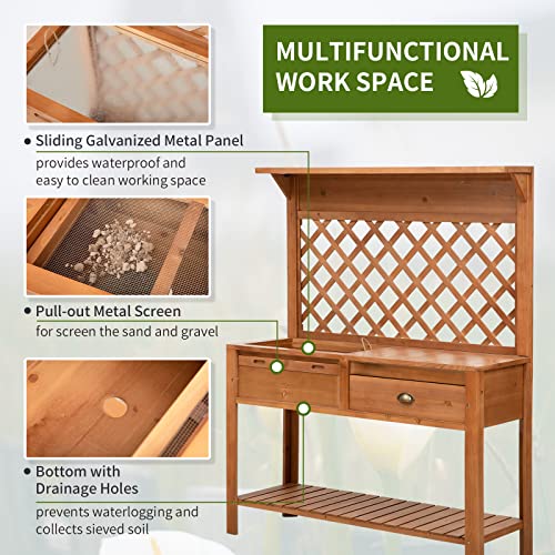 Outsunny Garden Potting Bench, Outdoor Wooden Workstation Table with Metal Screen, Drawer, Hooks, Storage Shelf, and Lattice Back E2159