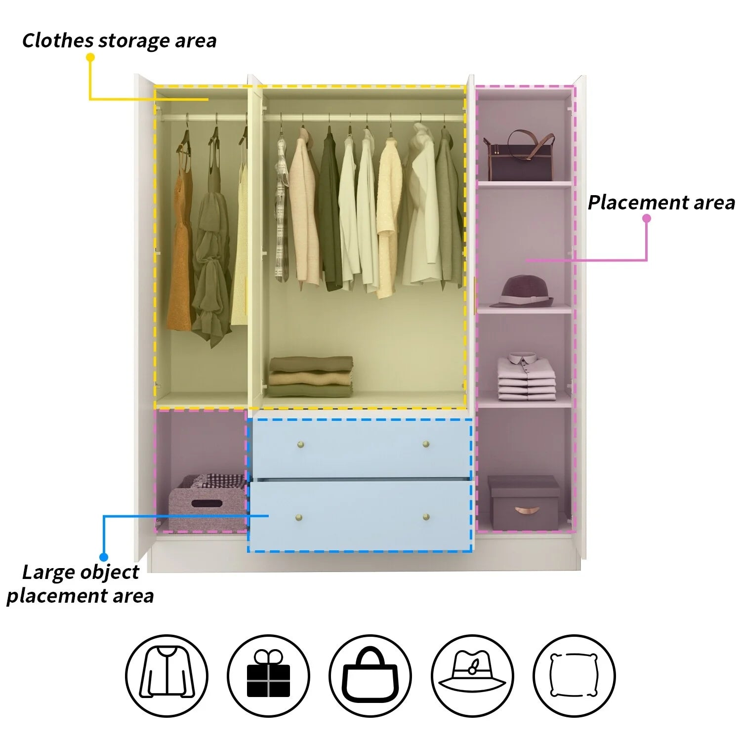 White 4 Doors 2 Drawers Wooden Wardrobe Armoire W595