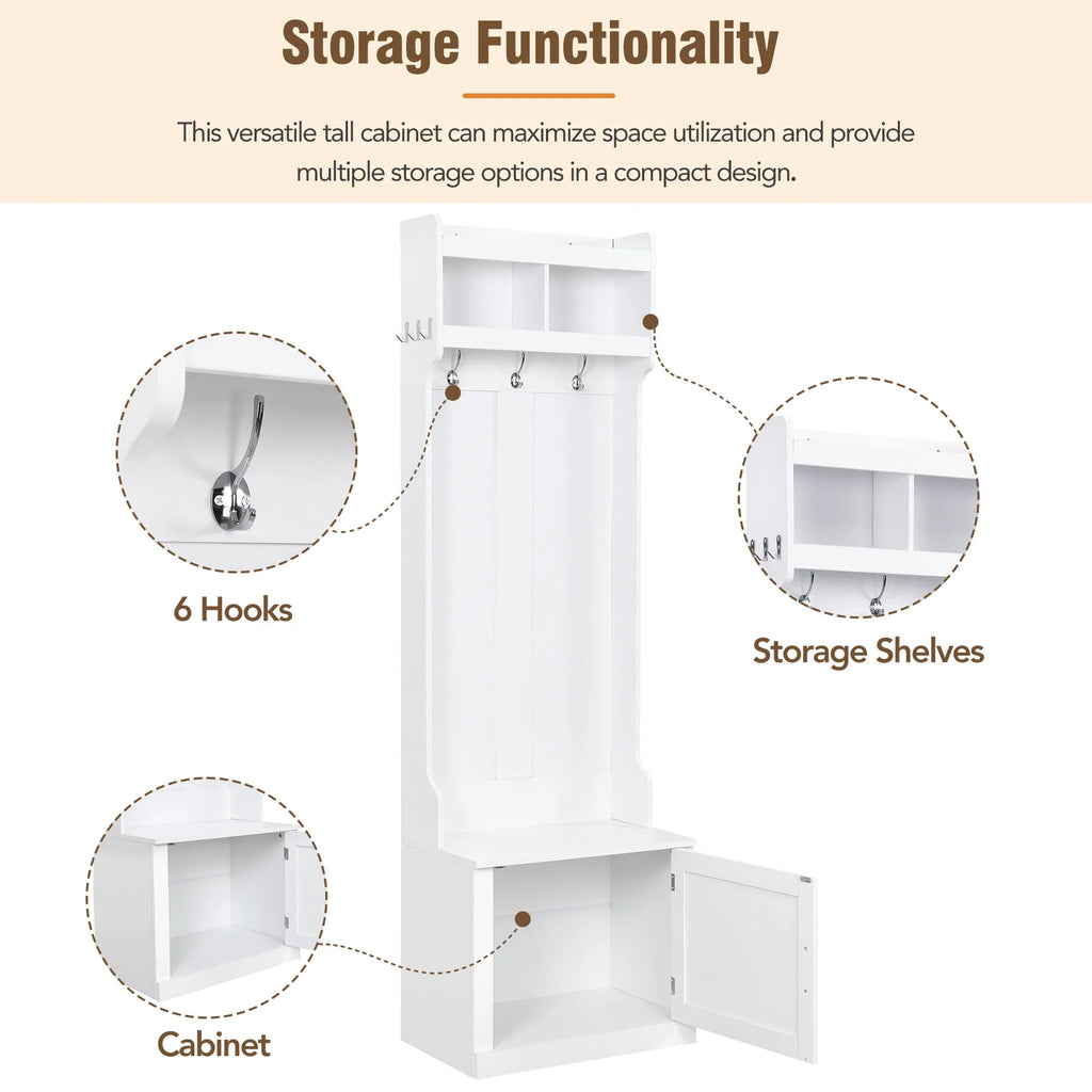 White Slim Hall Tree with Cabinet & 6 Hanging Hooks Storage Bench with Coat Rack K427