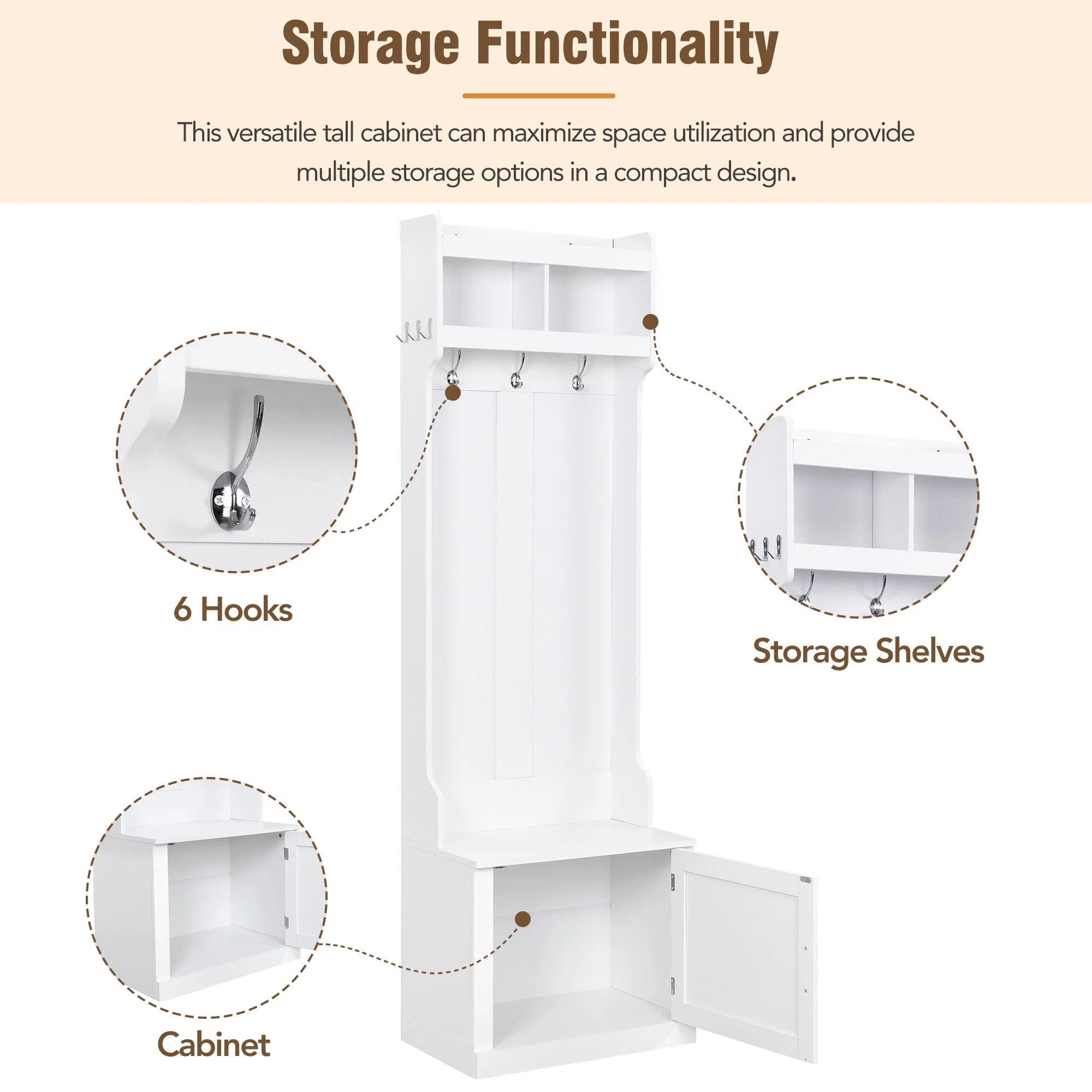 White Slim Hall Tree with Cabinet & 6 Hanging Hooks Storage Bench with Coat Rack K427
