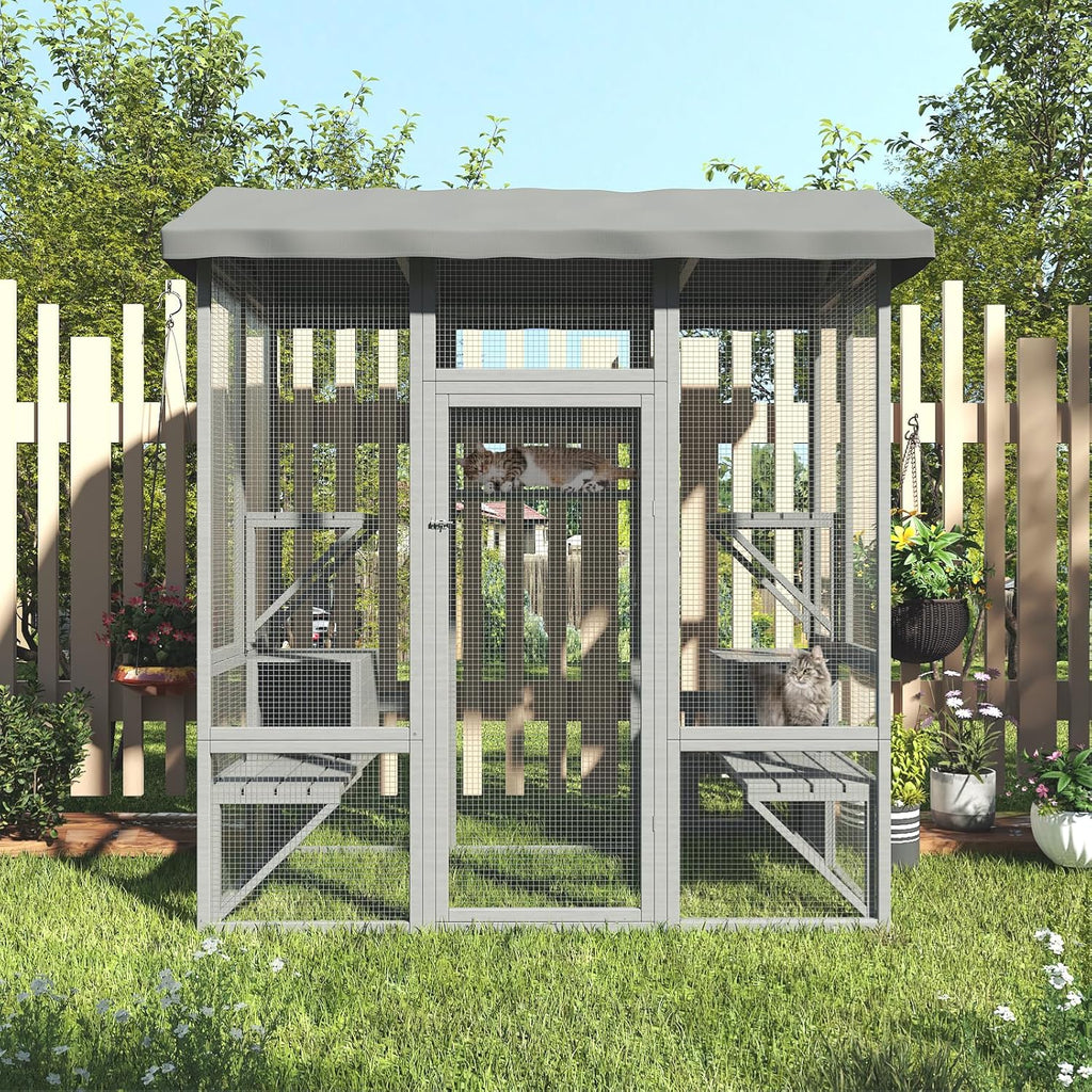 Large Wooden Cat Enclosure with Sunshine Panel Roof and Waterproof Cover, 7 Platforms, 2 Resting Box, 72 inch H6611