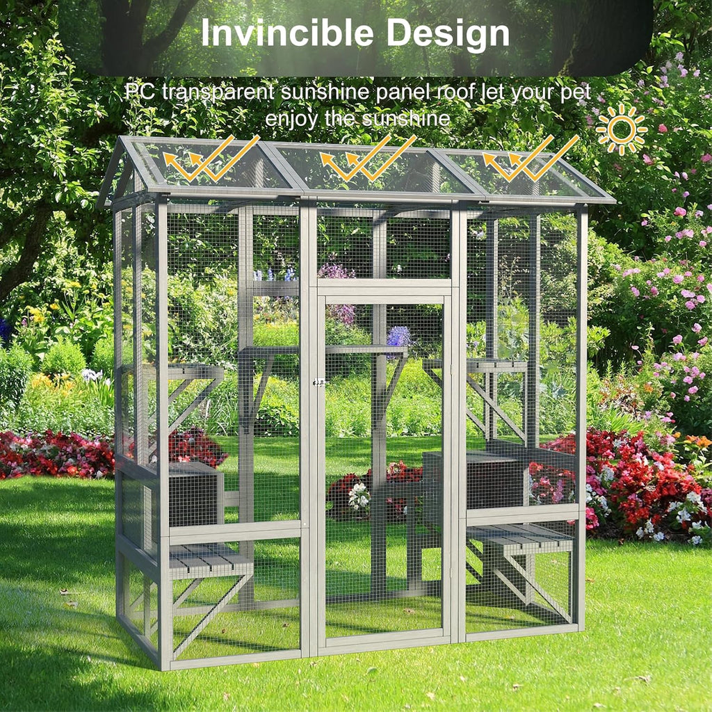 Large Wooden Cat Enclosure with Sunshine Panel Roof and Waterproof Cover, 7 Platforms, 2 Resting Box, 72 inch H6611