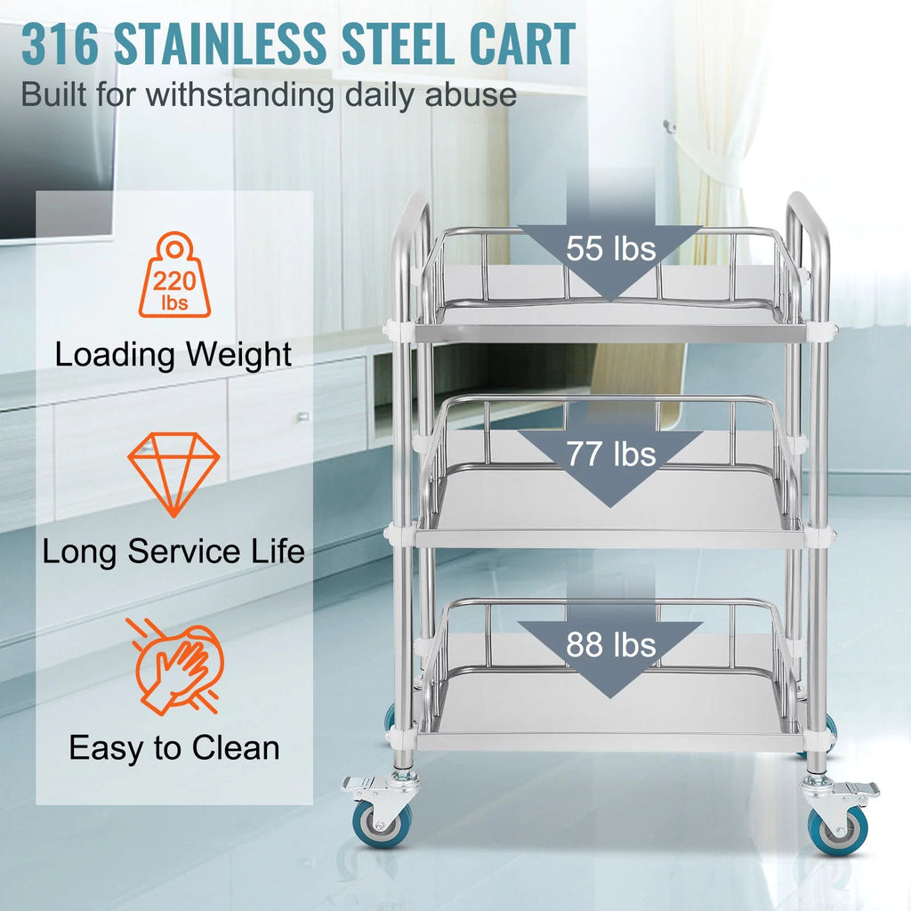 3-Layer Stainless Steel Lab Medical Equipment Cart B6245