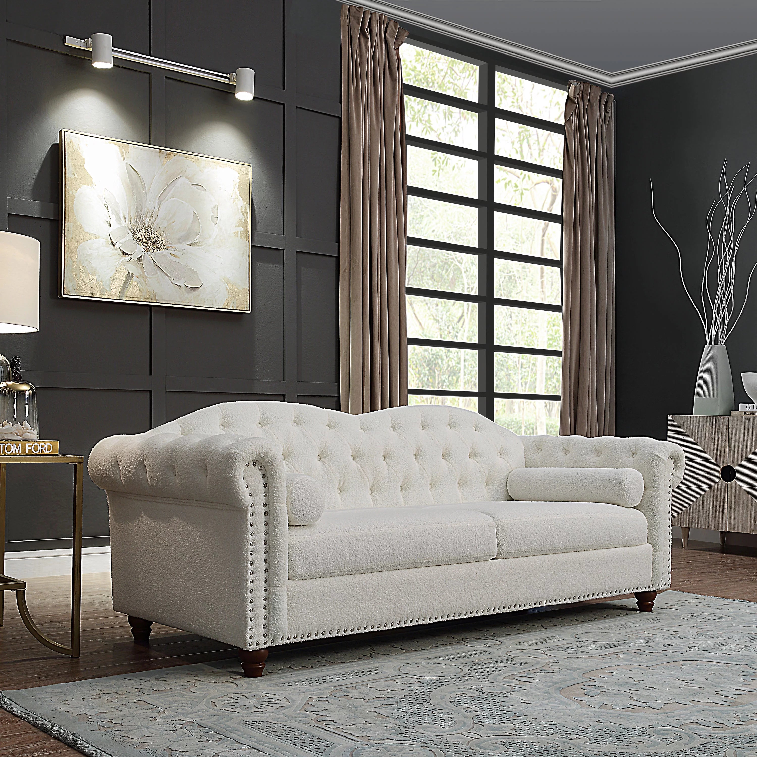 Teddy Velvet Button Tufted Sofa with Nailhead Arms and Rubber Wood Legs J75790
