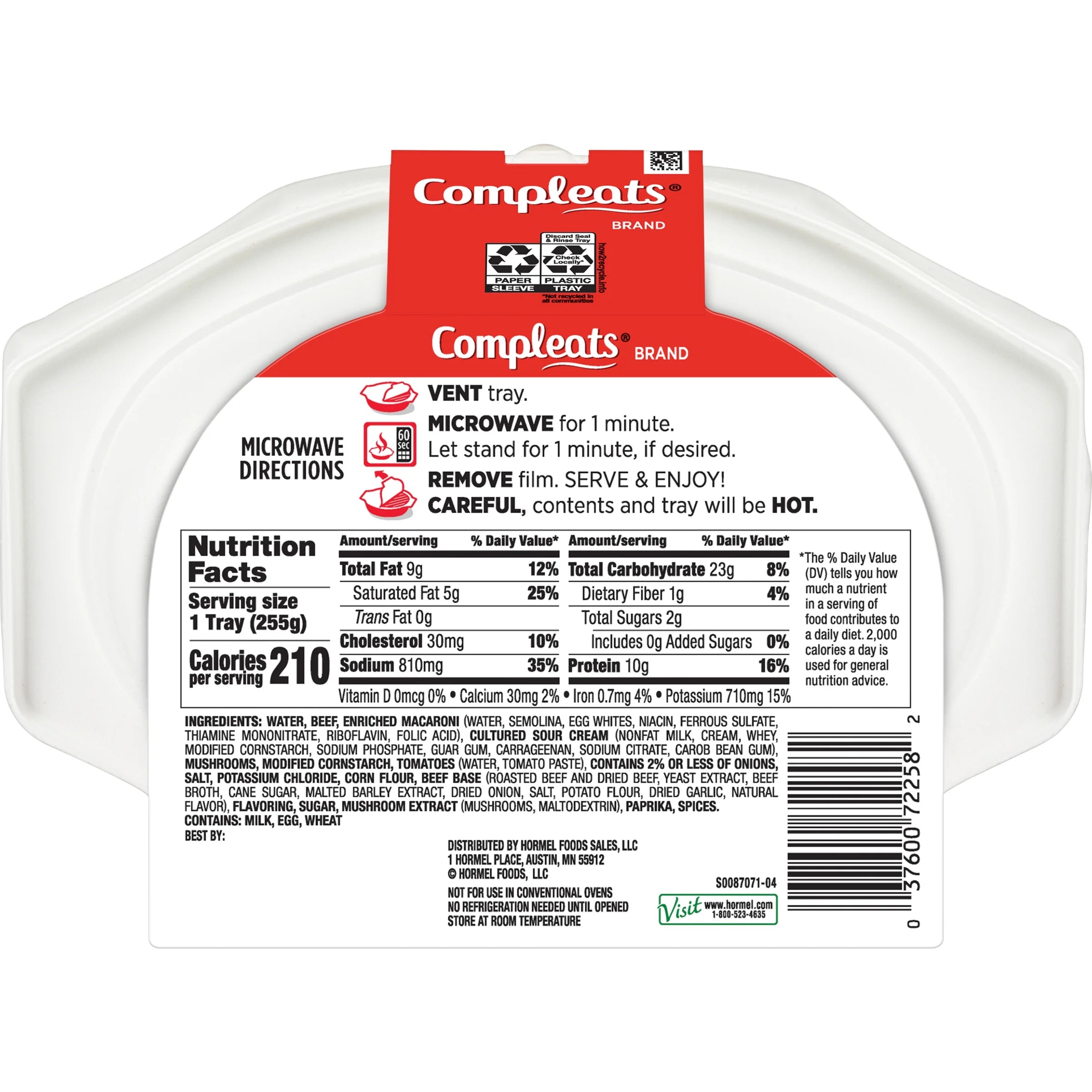 Shelf Stable Stroganoff 9 oz Plastic Tray U396