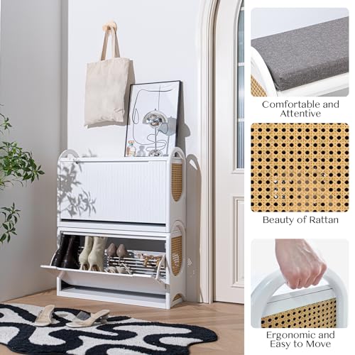 White Wooden Rattan Shoe Bench with Storage W590929