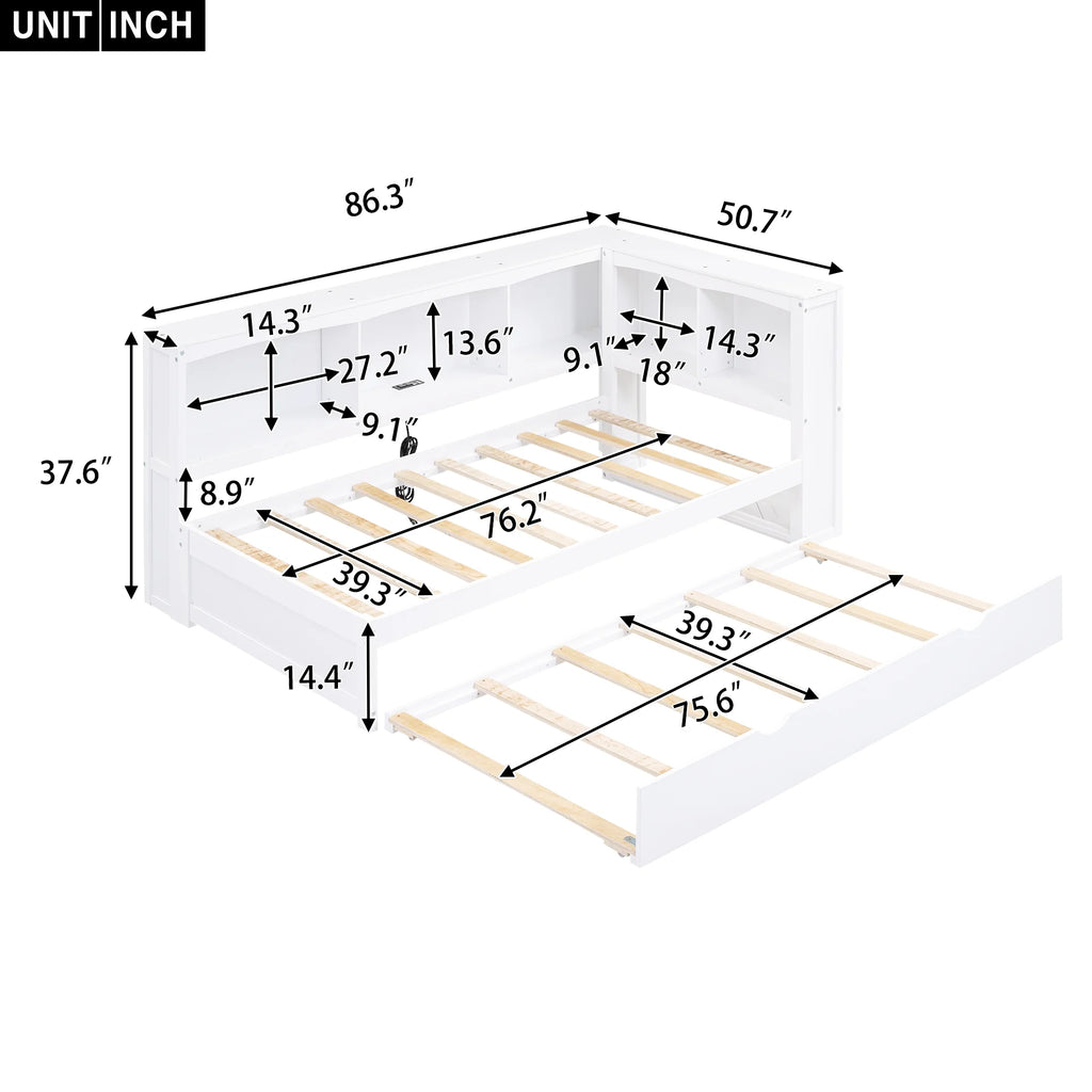 Twin over Twin Size Wood Daybed with Trundle and Storage Cabinets (White) B697879