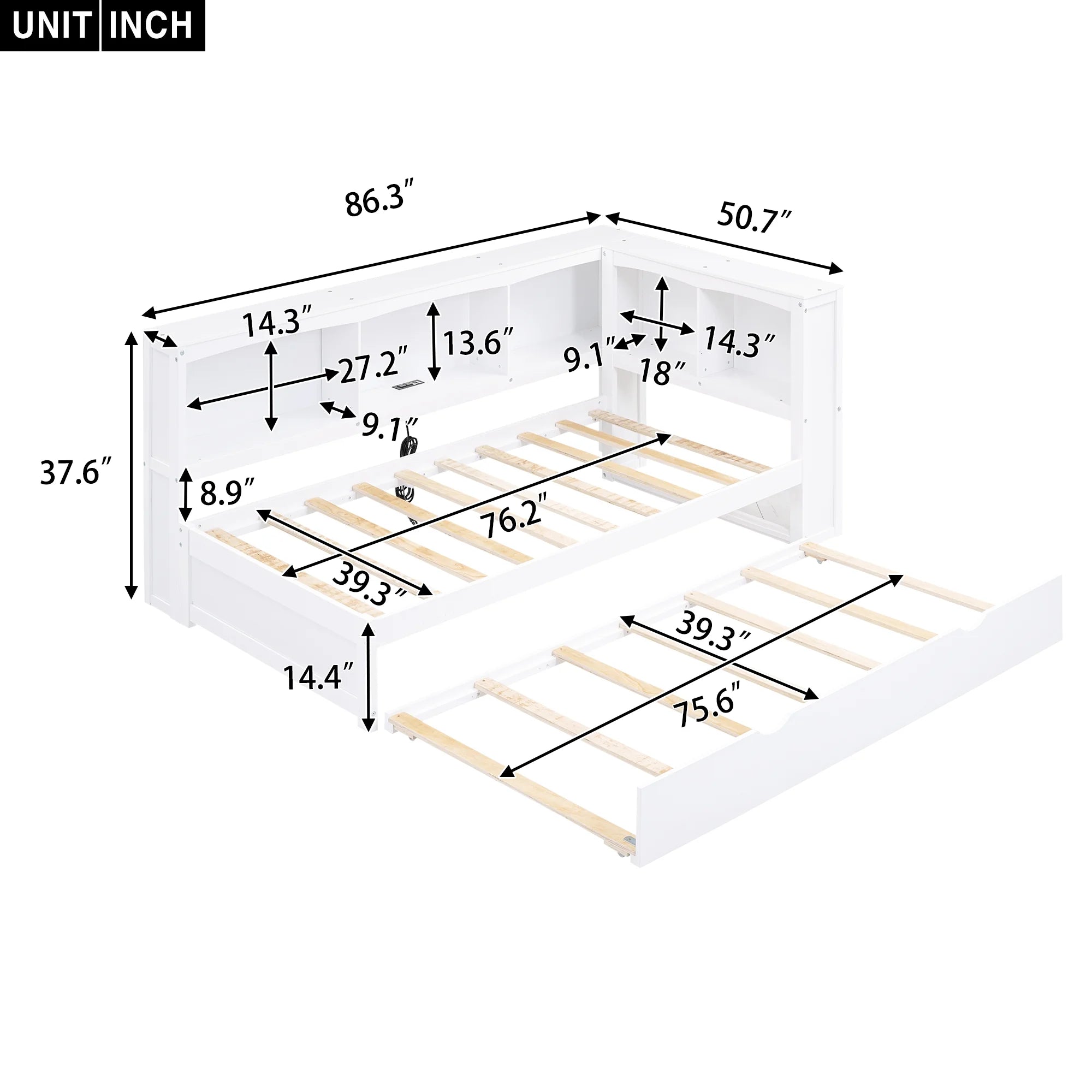 Twin over Twin Size Wood Daybed with Trundle and Storage Cabinets (White) B697879
