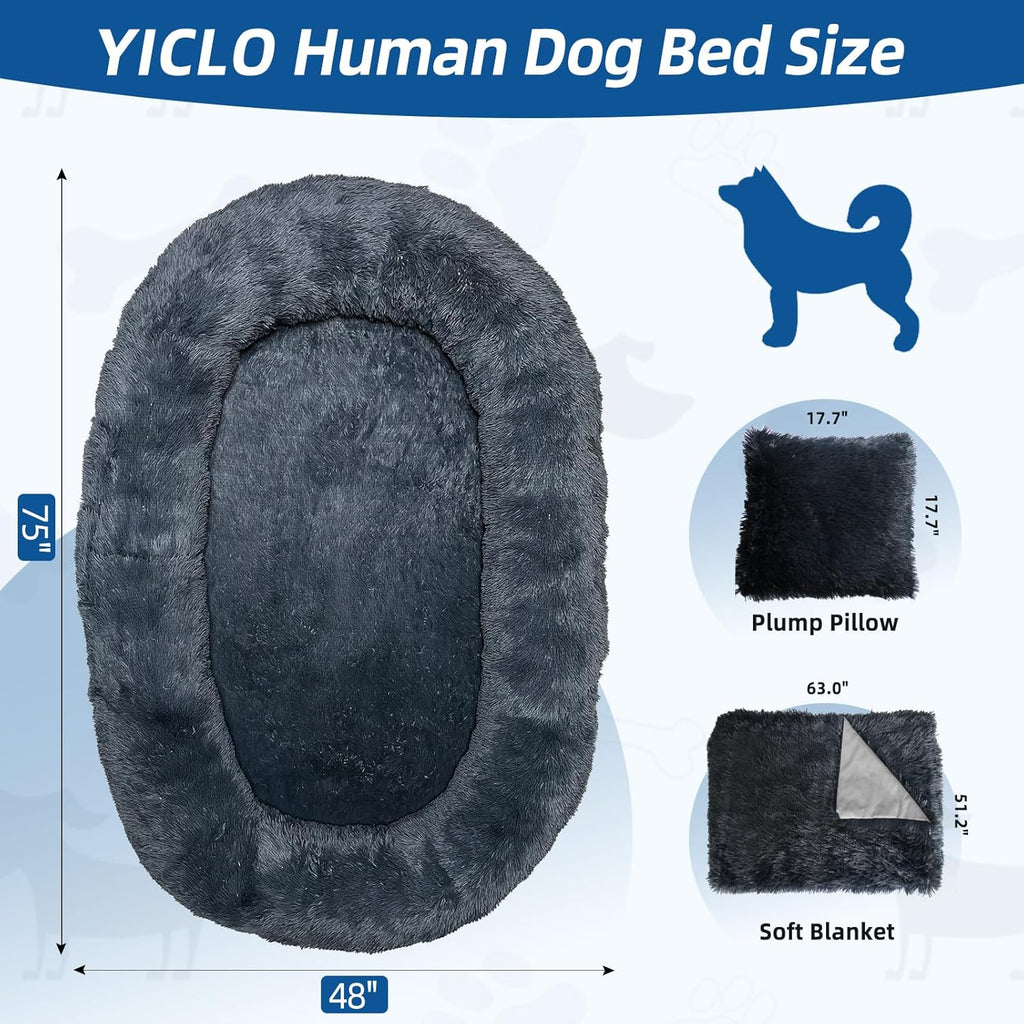 75"x48"x14" Dark Grey Faux Fur Human Size Dog Bed F443994