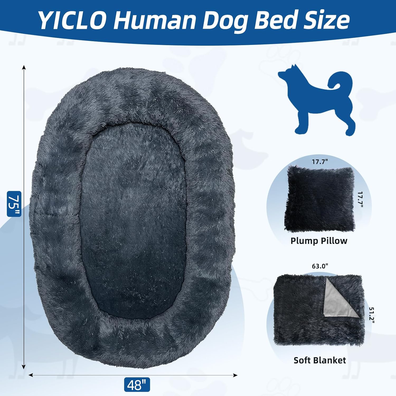 75"x48"x14" Dark Grey Faux Fur Human Size Dog Bed F443994