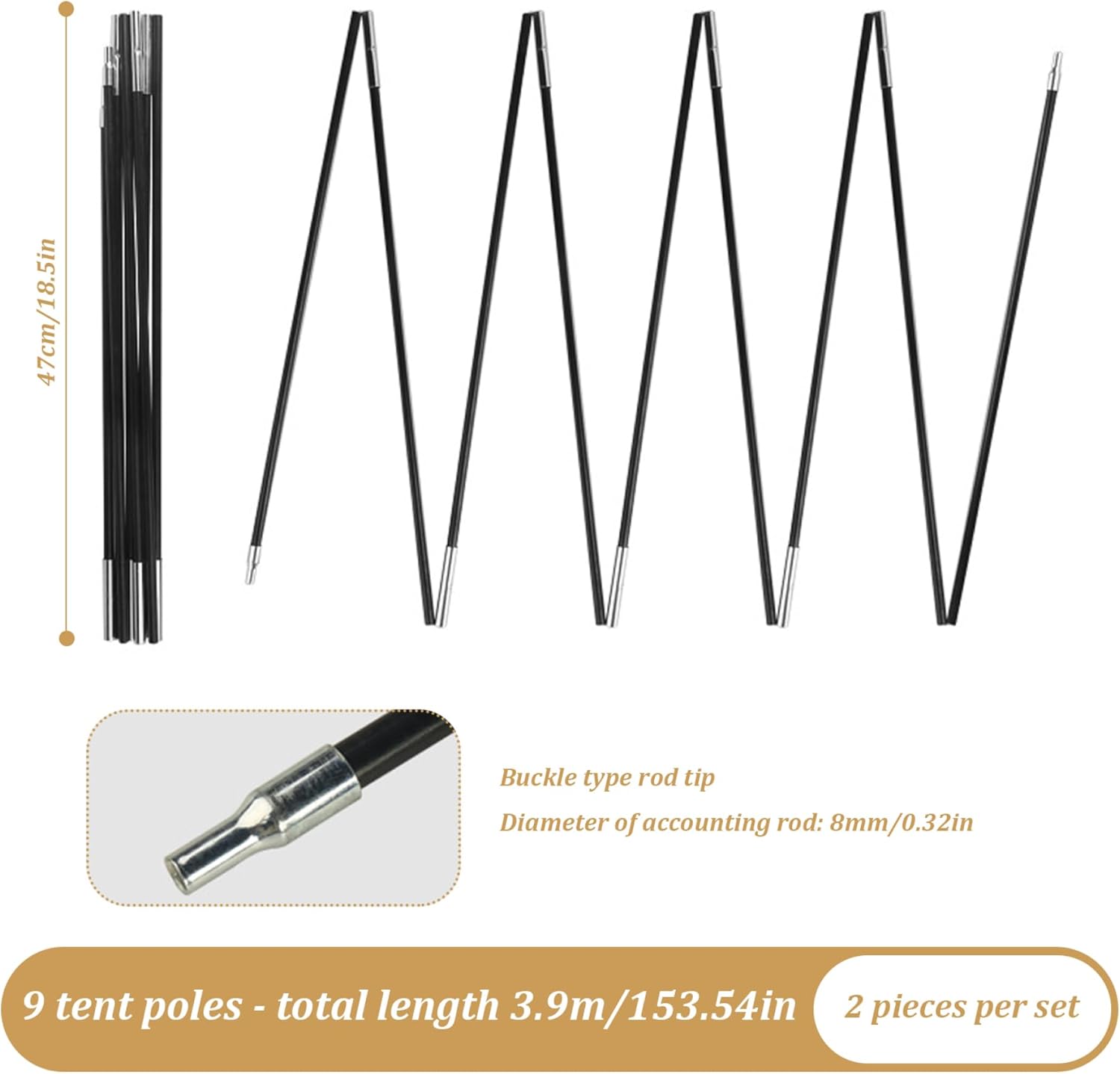 8mm 12.8ft Length Adjustable Fiberglass Tarp Poles 18 Sections N295065
