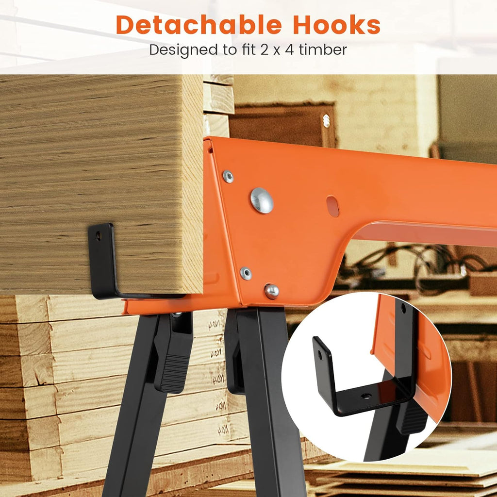 2 Pack Heavy Duty Folding Saw Horses with 4 Detachable Hooks P652