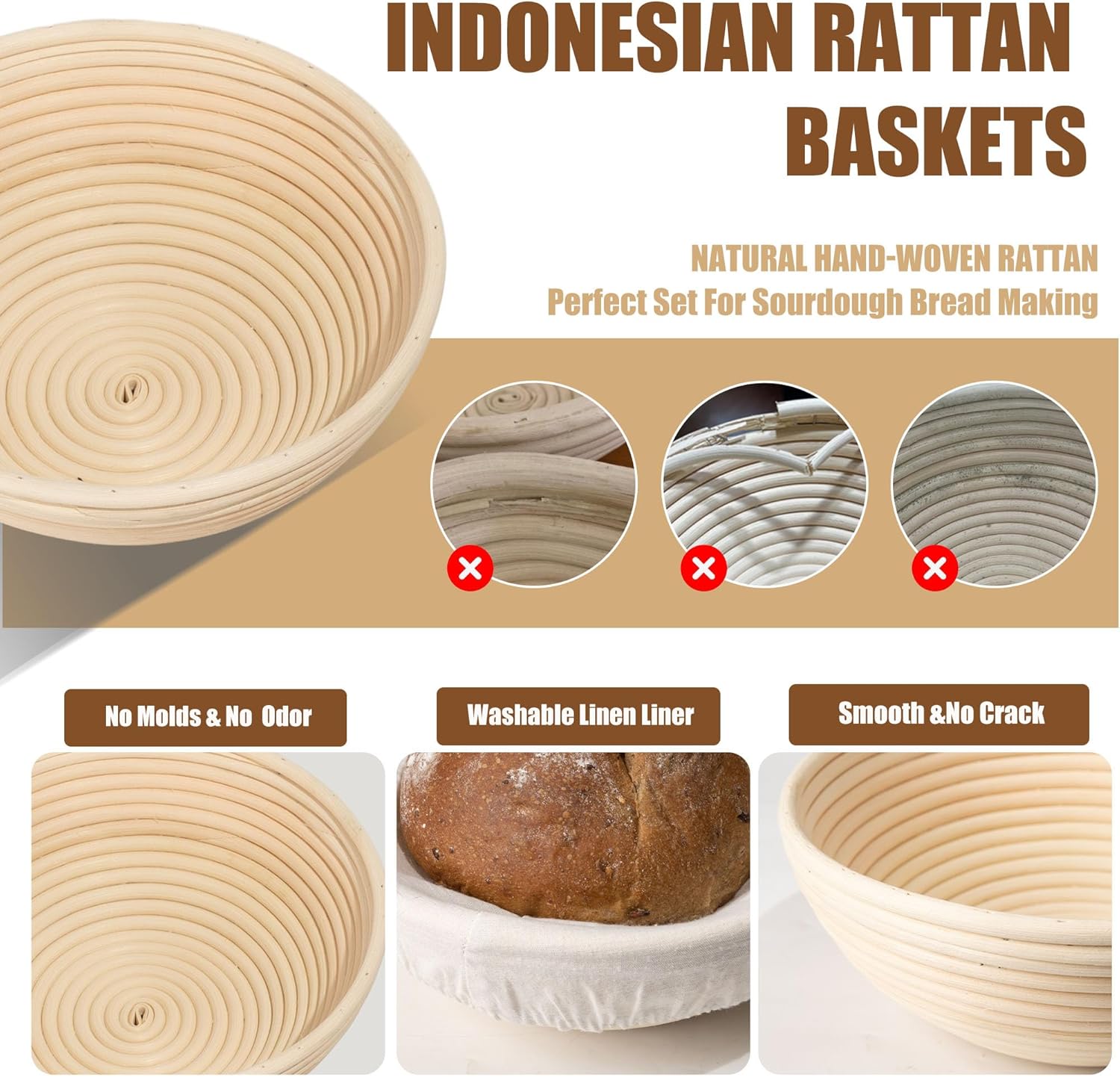 9 Inch Round & 10 Oval Rattan Bread Proofing Baskets Set N670