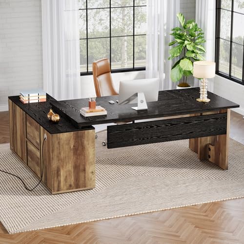 74.8" L Shaped Computer Desk with Shelves and CPU Storage, Black and Brown Y94297