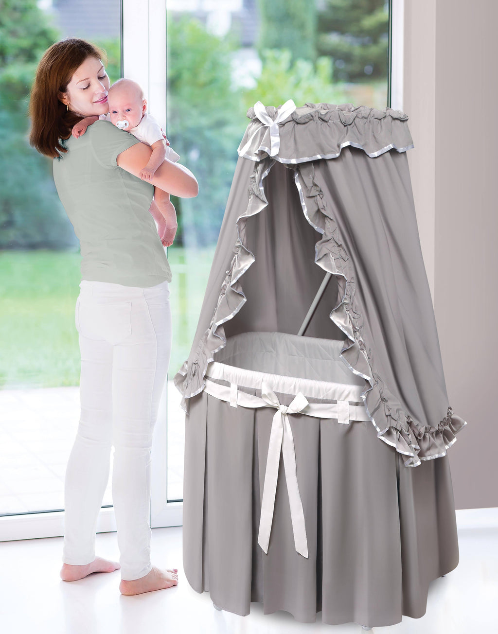 Gray/White Baby Bassinet with Canopy Bedding R63462