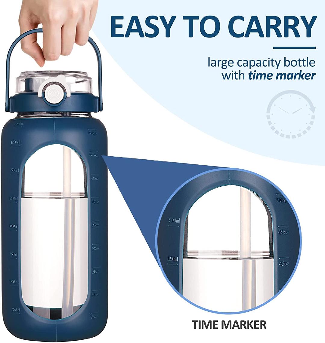 64oz Glass Water Bottle with Straw Time Marker Half Gallon 2L Dark Blue L22790