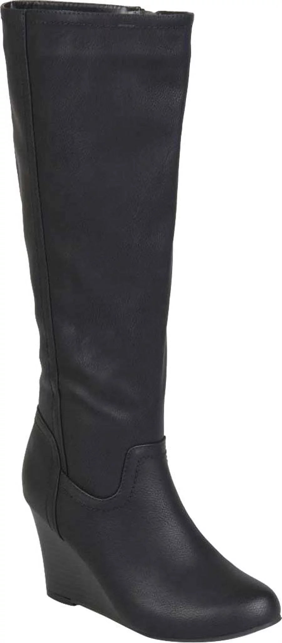 Black Faux Leather Knee High Wedge Heel Boot W30197