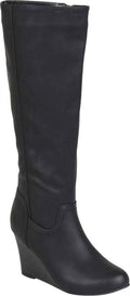 Black Faux Leather Knee High Wedge Heel Boot W30197
