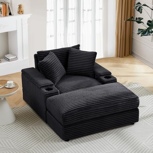 Green Corduroy Oversized 3 Seater Chaise Lounge Sofa with Ottoman U810882