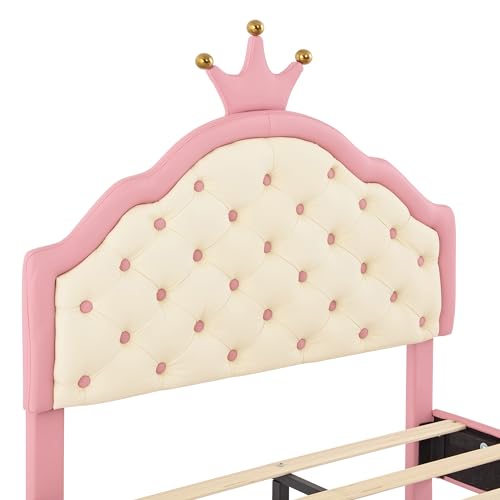 Twin Size Pink Upholstered Bed Frame with Tufted Headboard V584310