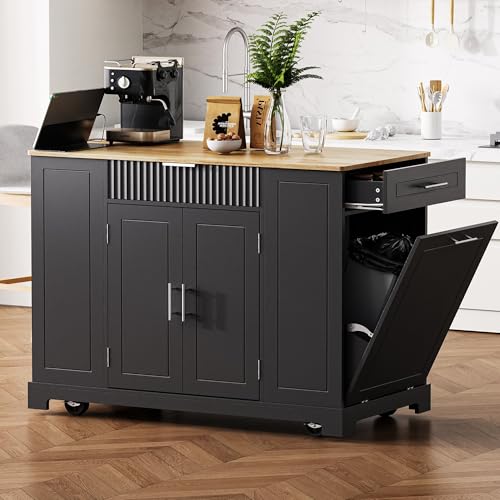 60" Kitchen Island with Drop Leaf and Power Outlet, Rolling Kitchen Cart with Trash Can Storage Cabinet A291679