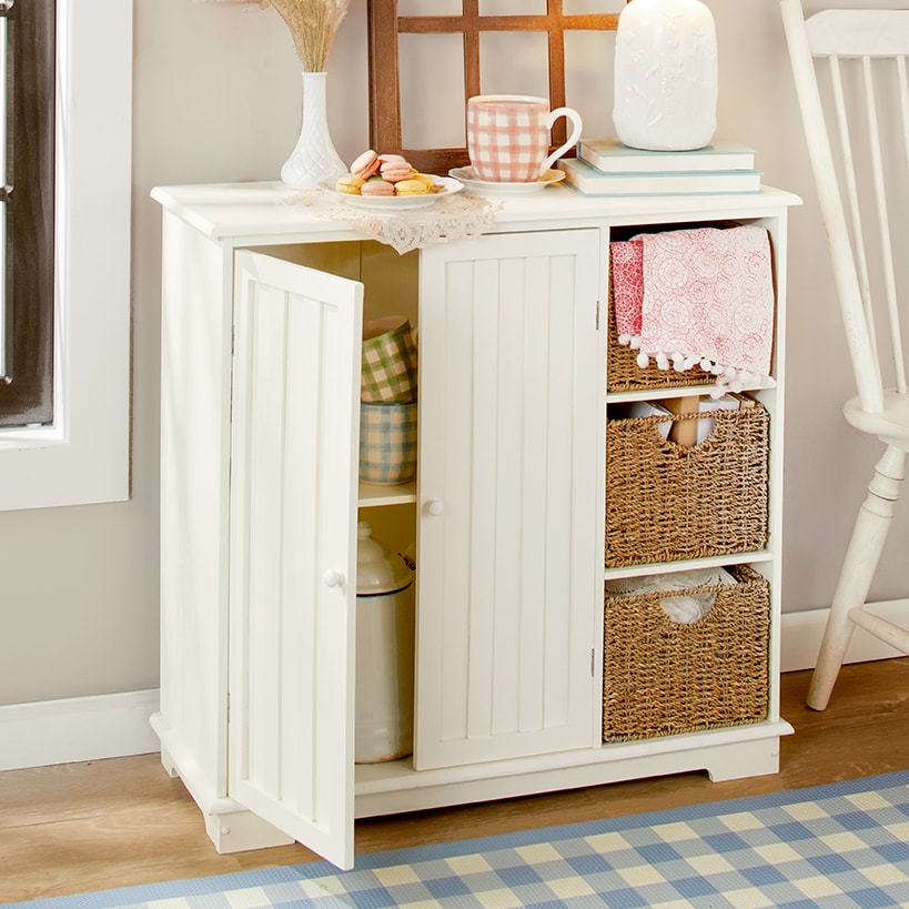 Beadboard Storage Cabinet with 3 Shelves and Cupboard