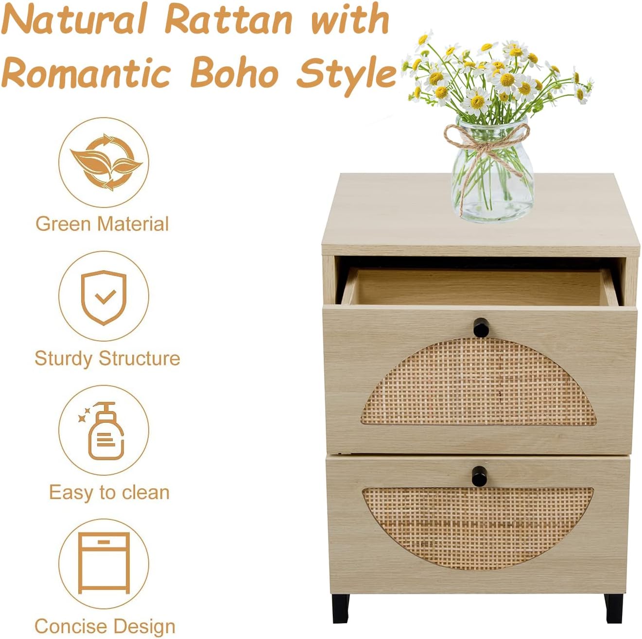 2 Drawer Rattan Wood Nightstand R491