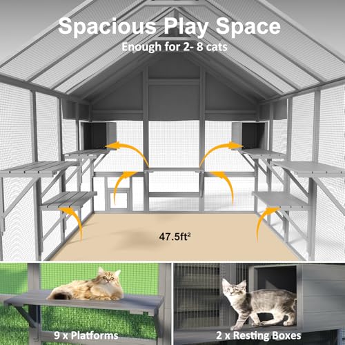 Large Catio Outdoor Cat Enclosure with 7 Platforms, 2 Resting Box and 2 Bridges, 71 x 71 x 97 inch V253199