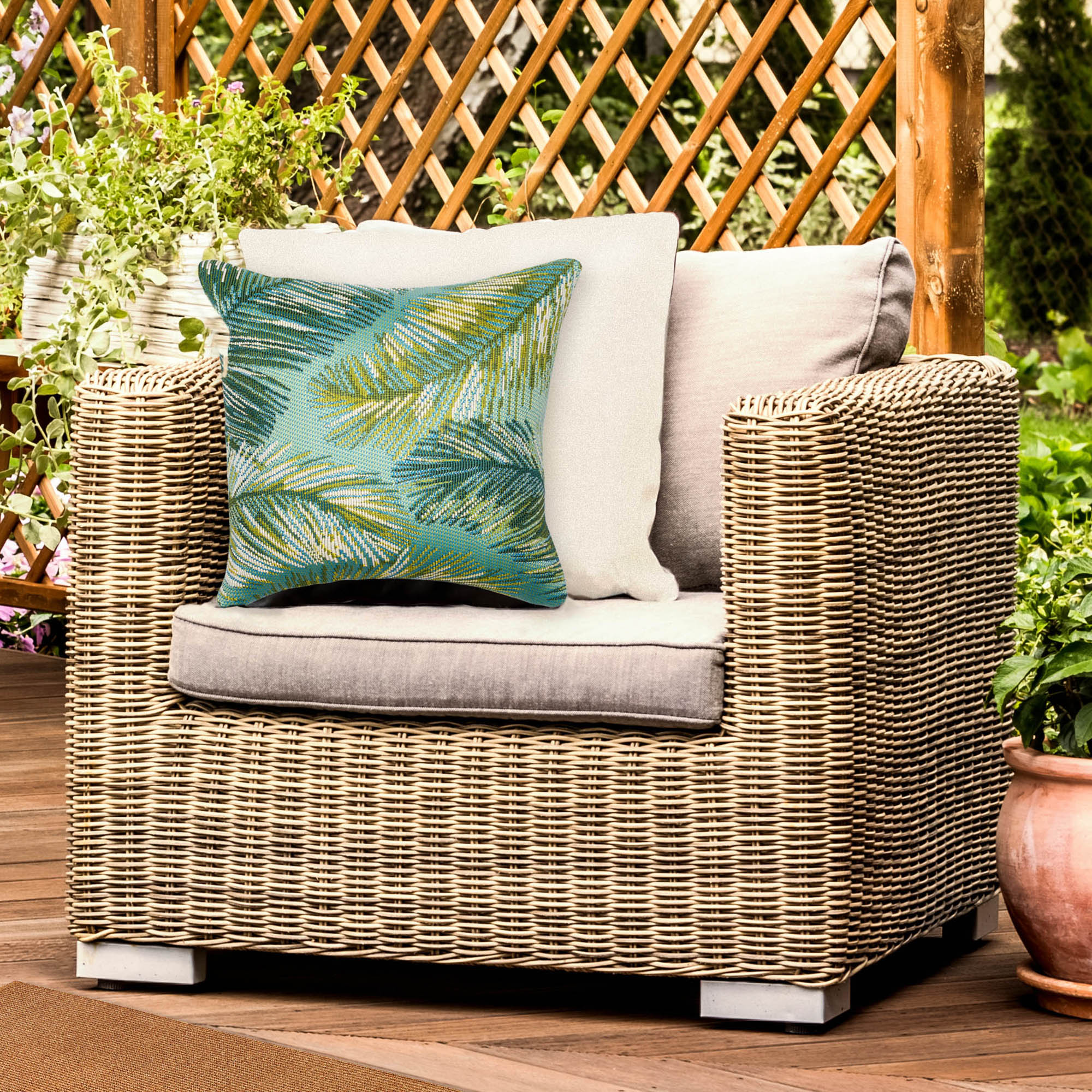 Marina Palm Border Indoor Outdoor Throw Pillow