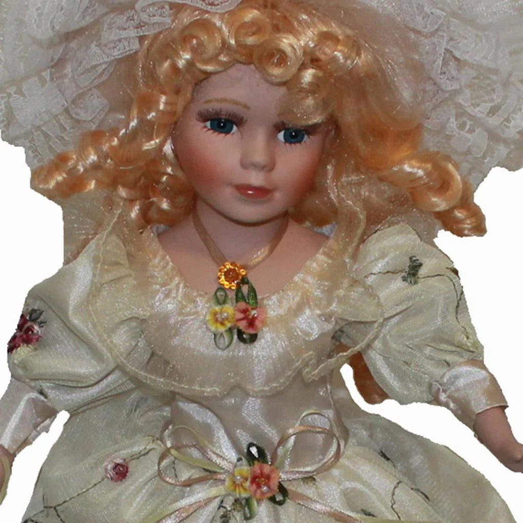 40cm Porcelain Doll with Curly Hair, Umbrella and Clothing Collectible Toy D455