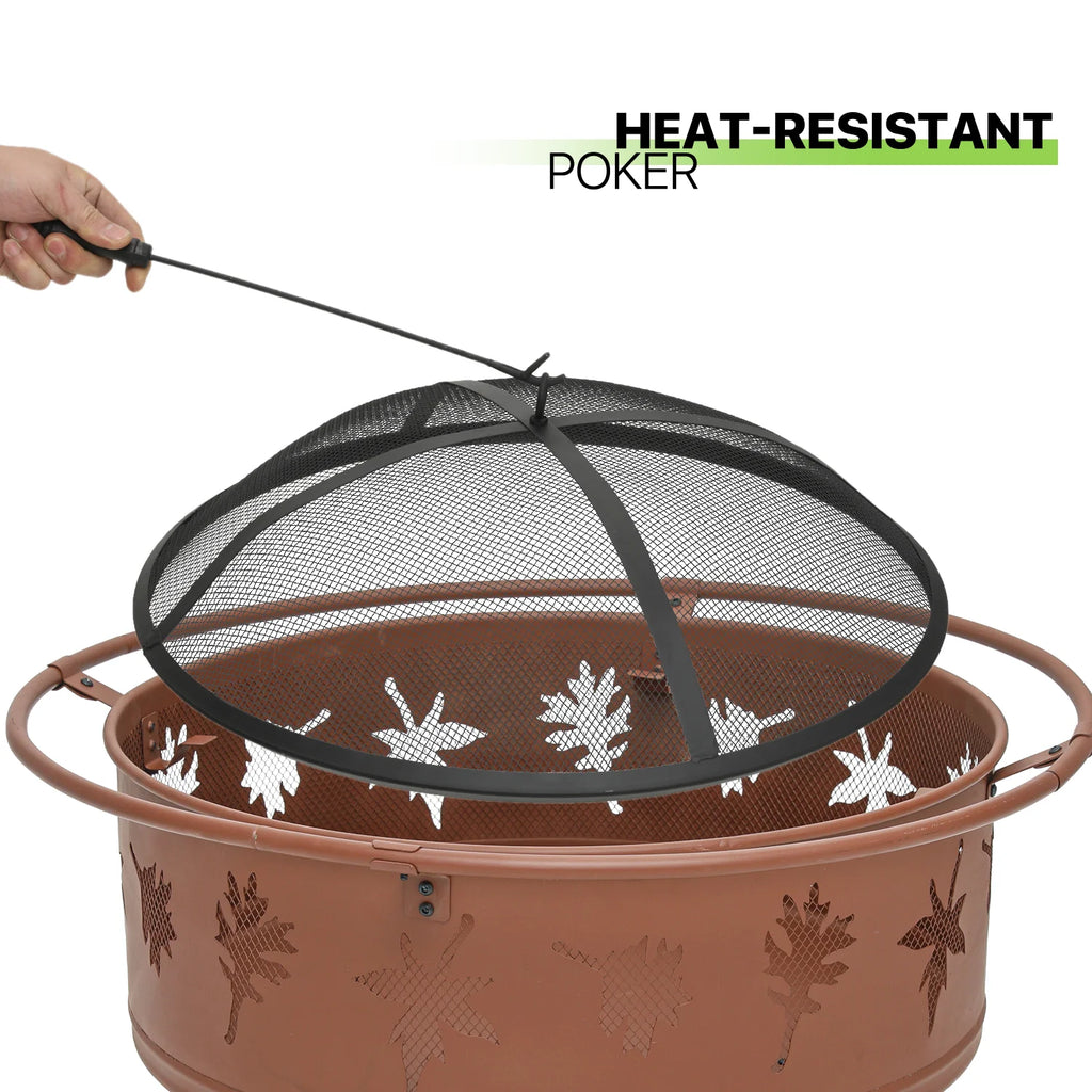 Brown Round Outdoor Fire Pit with Log Grate, Poker & Spark Screen W9427