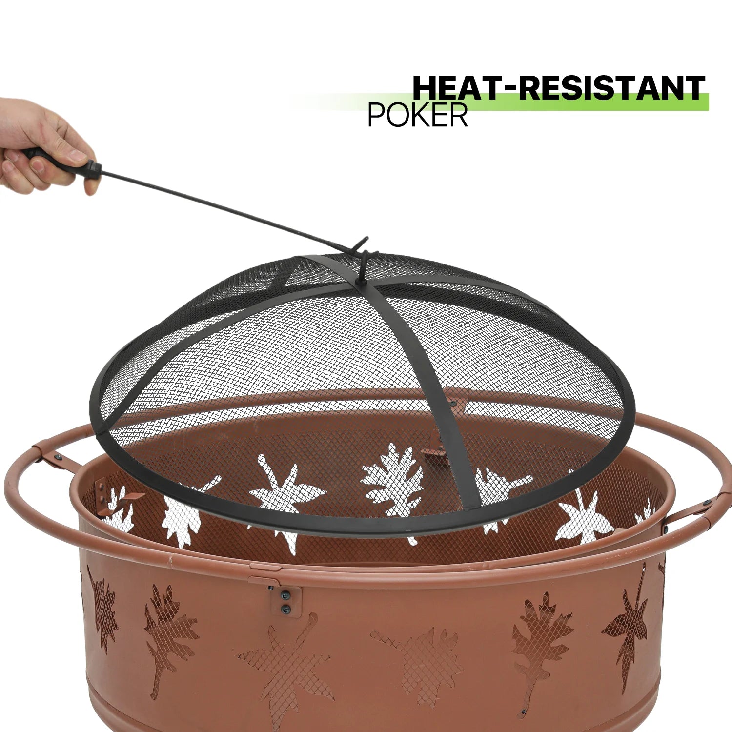 Brown Round Outdoor Fire Pit with Log Grate, Poker & Spark Screen W9427