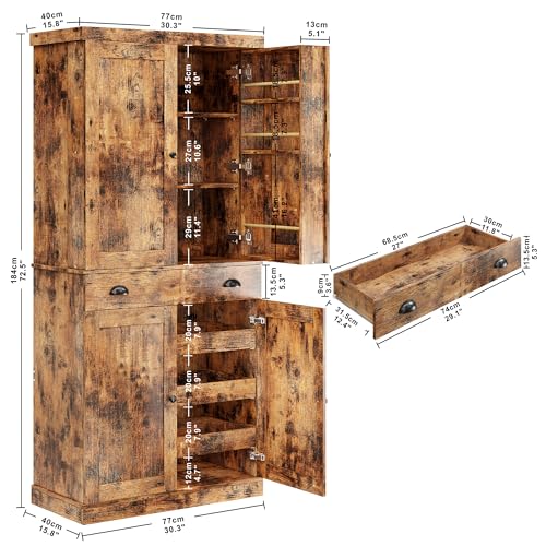 White 72" Tall Kitchen Pantry Cabinet with Sliding Storage Rack and 6 Hanging Shelves E2215
