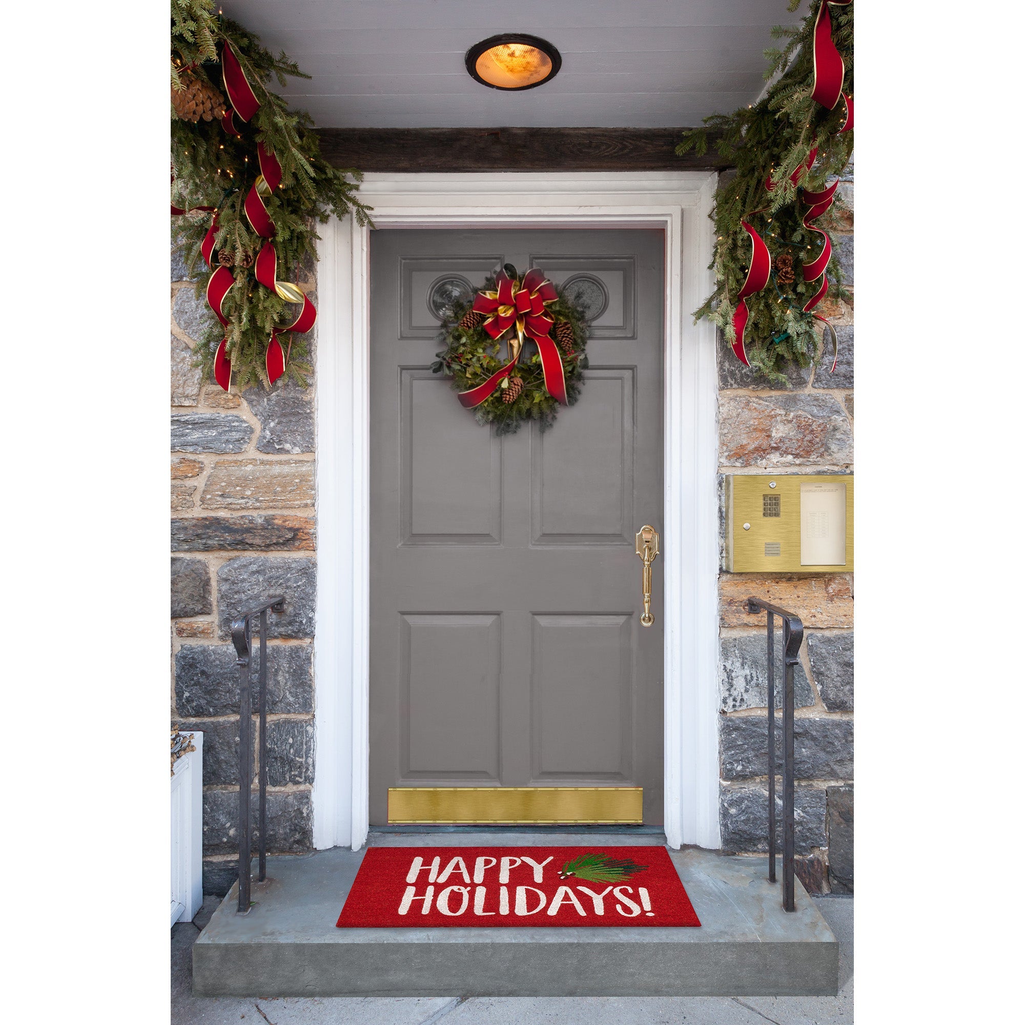 Natura Happy Holidays Holly Coir Doormat with Non-Slip Backing