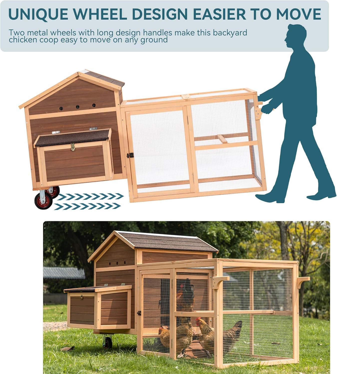 Large Chicken Coop Tractor Hen House Outdoor Waterproof Poultry Cage with Nesting Box Wheels W427